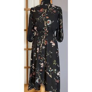 Nannette Lepore Floral Hi-Low Dress Women's 6 Black Chiffon Smocked Cottage Goth